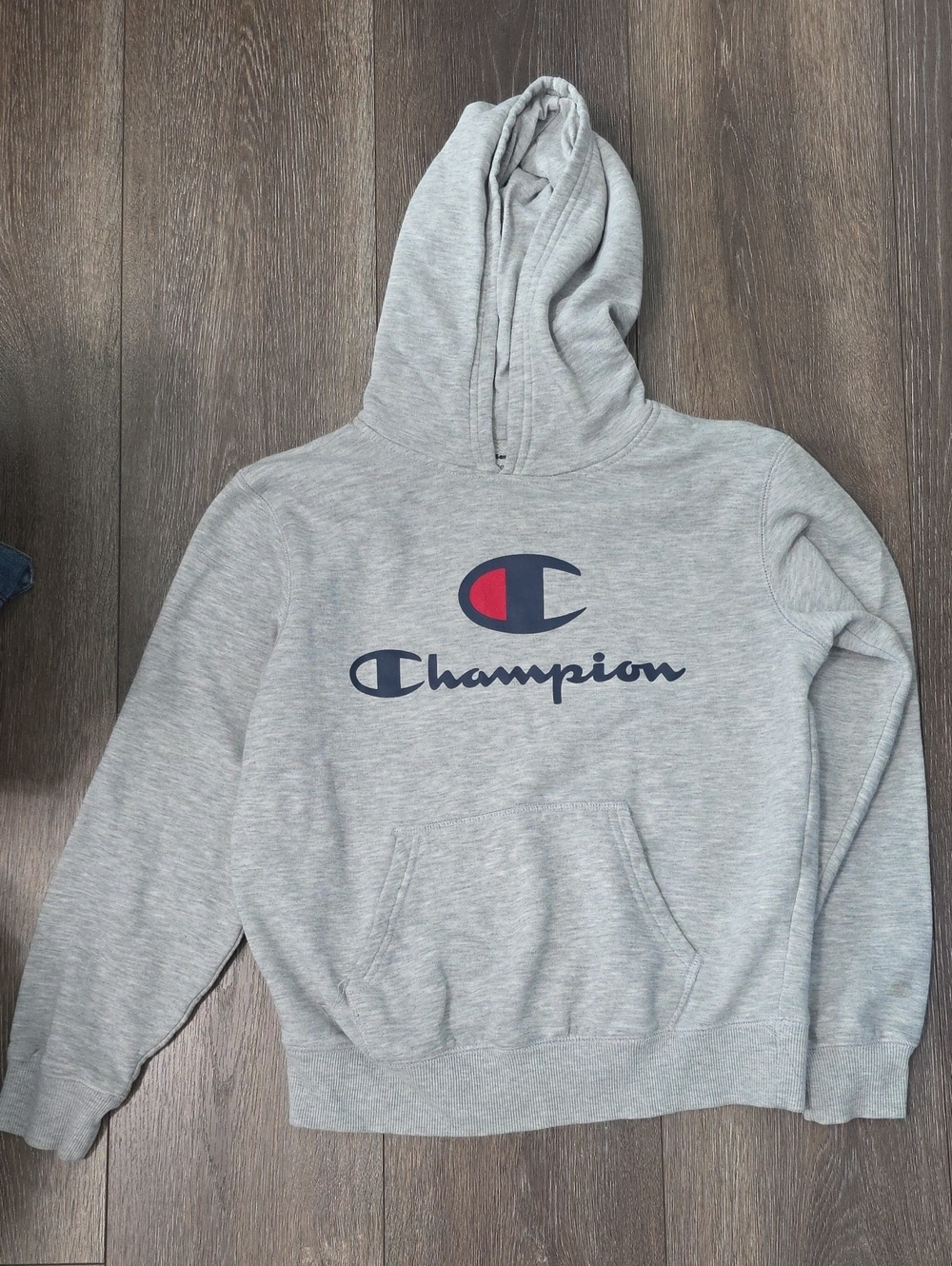 Champion Boys Light Gray Hoodie with Navy and Red Logo